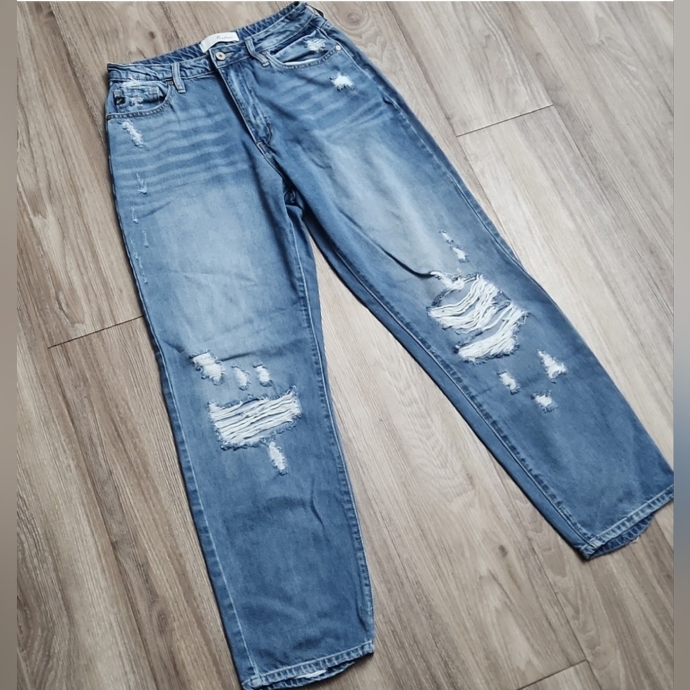 🌟KanCan The Katie Boyfriend Distressed Denim High-Rise 90s Blue Jeans Juniors 9
